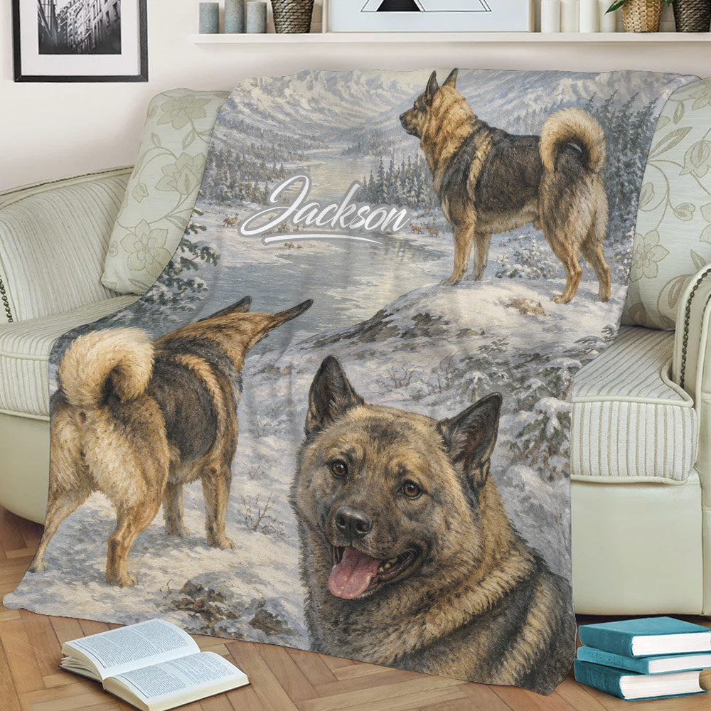 Norwegian Elkhound throw blanket displayed on a couch with detailed winter scenery