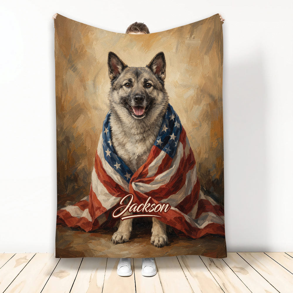 Norwegian Elkhound dog blanket featuring patriotic red, white, and blue artwork