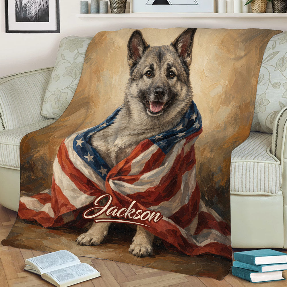 Patriotic Norwegian Elkhound blanket styled across a living room sofa