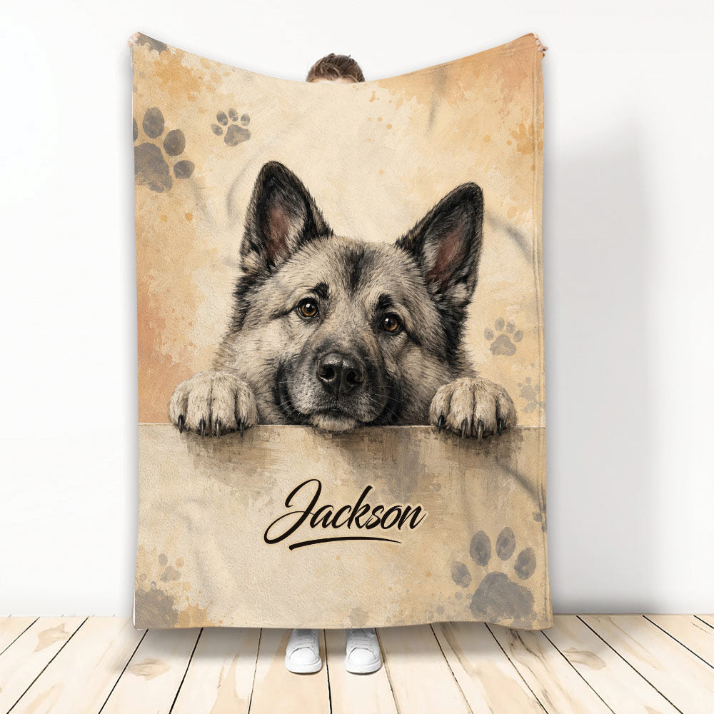 Norwegian Elkhound throw blanket with a rustic gray dog illustration and paw print accents