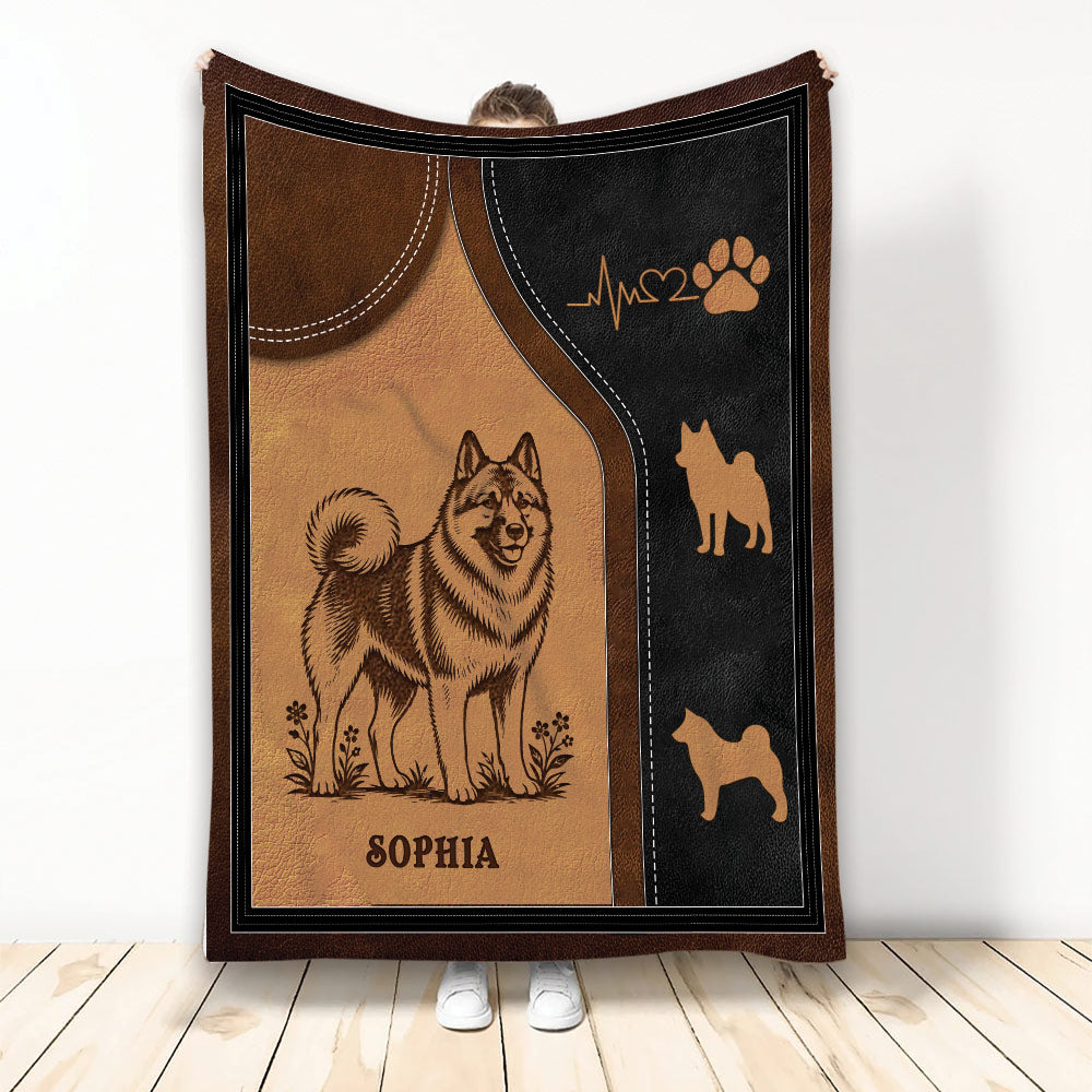 Norwegian Elkhound throw blanket displayed upright with rustic dog artwork in warm brown and black tones