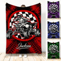Custom ATV throw blanket with quad rider artwork, checkered flag graphic, and bold red and black design