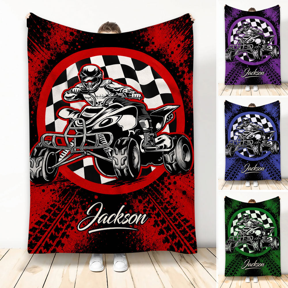 Custom ATV throw blanket with quad rider artwork, checkered flag graphic, and bold red and black design