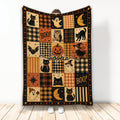 Halloween throw blanket with black cats, ghosts, pumpkins, witch, moon, and vintage plaid patchwork artwork