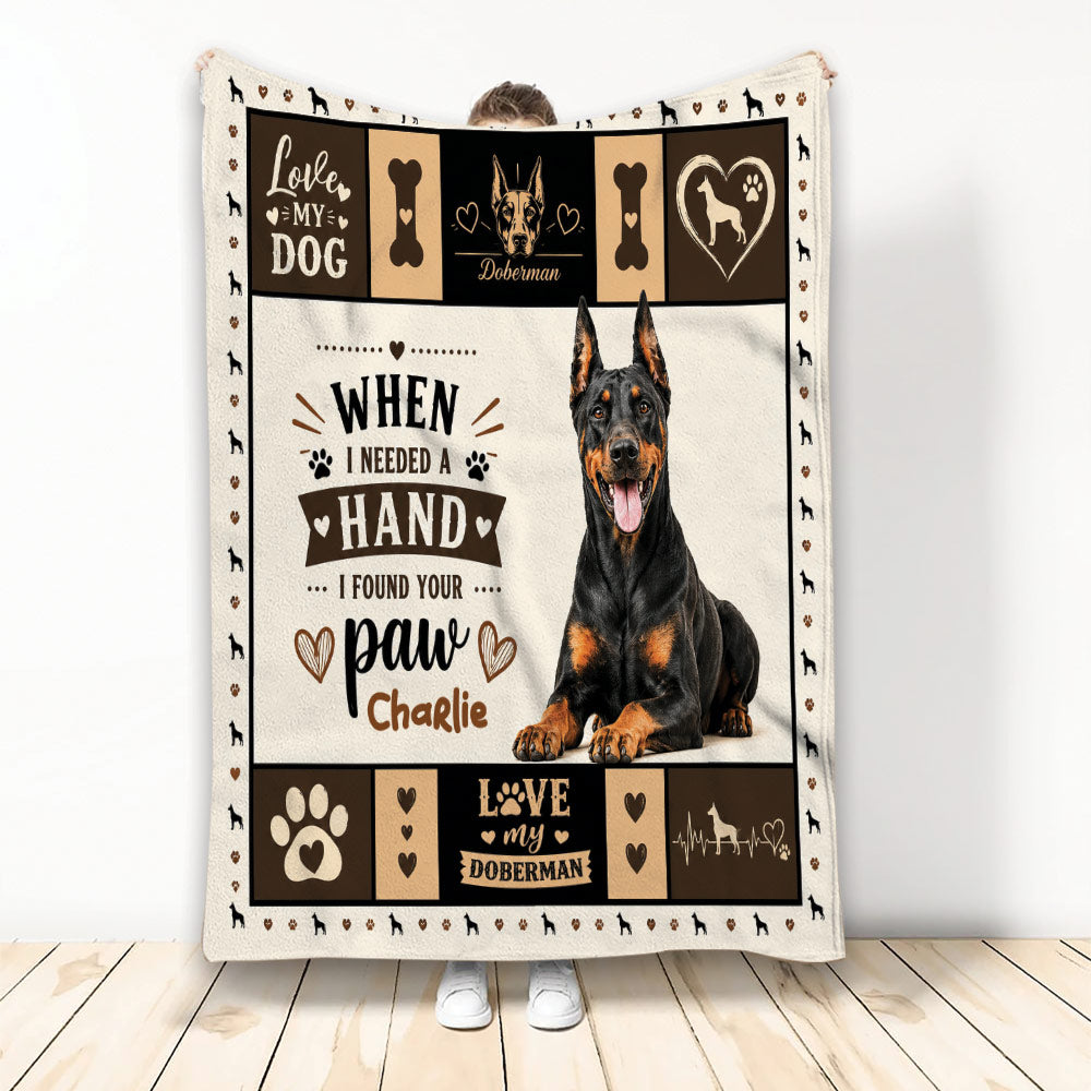 Custom Doberman throw blanket with realistic black and tan dog artwork, hearts, paw prints, and bone motifs