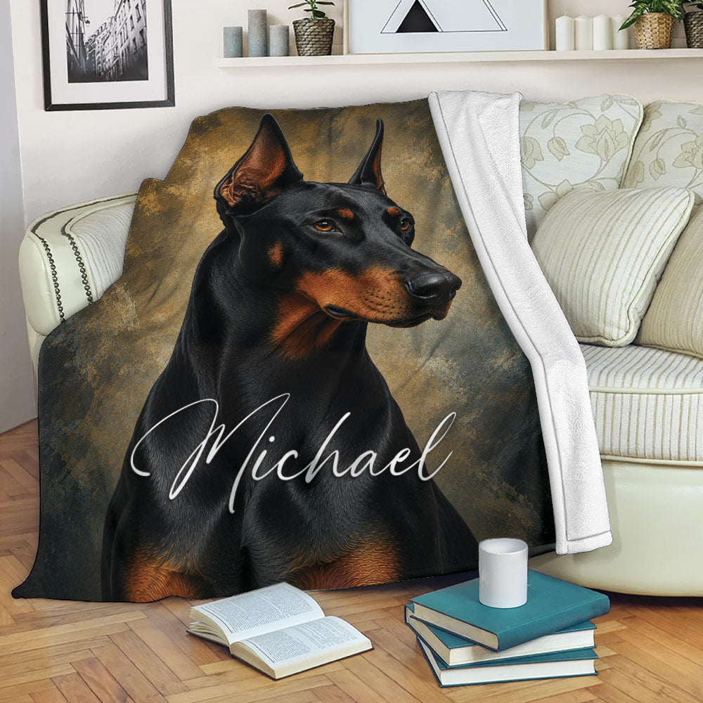 Black and tan Doberman throw blanket draped over a sofa in a cozy living room setting