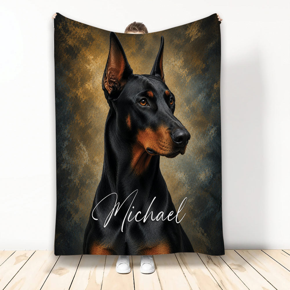 Black and tan Doberman throw blanket displayed upright with an artistic bronze textured background