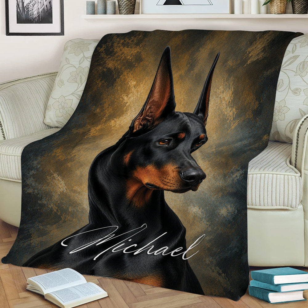 Artistic Doberman throw blanket shown on a sofa with a dramatic bronze and charcoal background