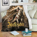 Knights Templar throw blanket displayed on a sofa with an armored rider, white horse, red crosses, and castle artwork