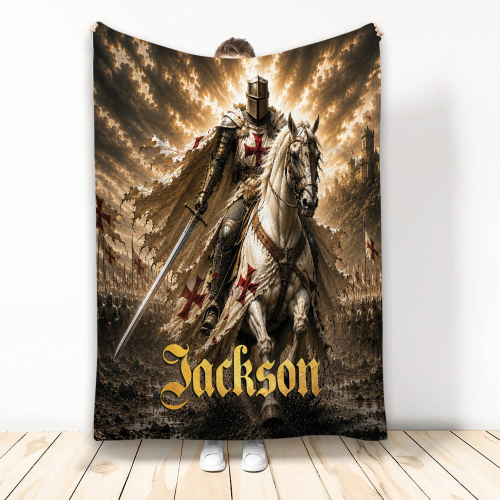 Knights Templar blanket featuring an armored horseback knight, red crosses, castle towers, and a dramatic battle scene