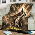 Knights Templar blanket draped over a sofa with detailed medieval knight, white horse, sword, and red cross artwork