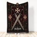 Knights Templar blanket with crossed swords, heraldic shields, red crosses, and ornate medieval artwork