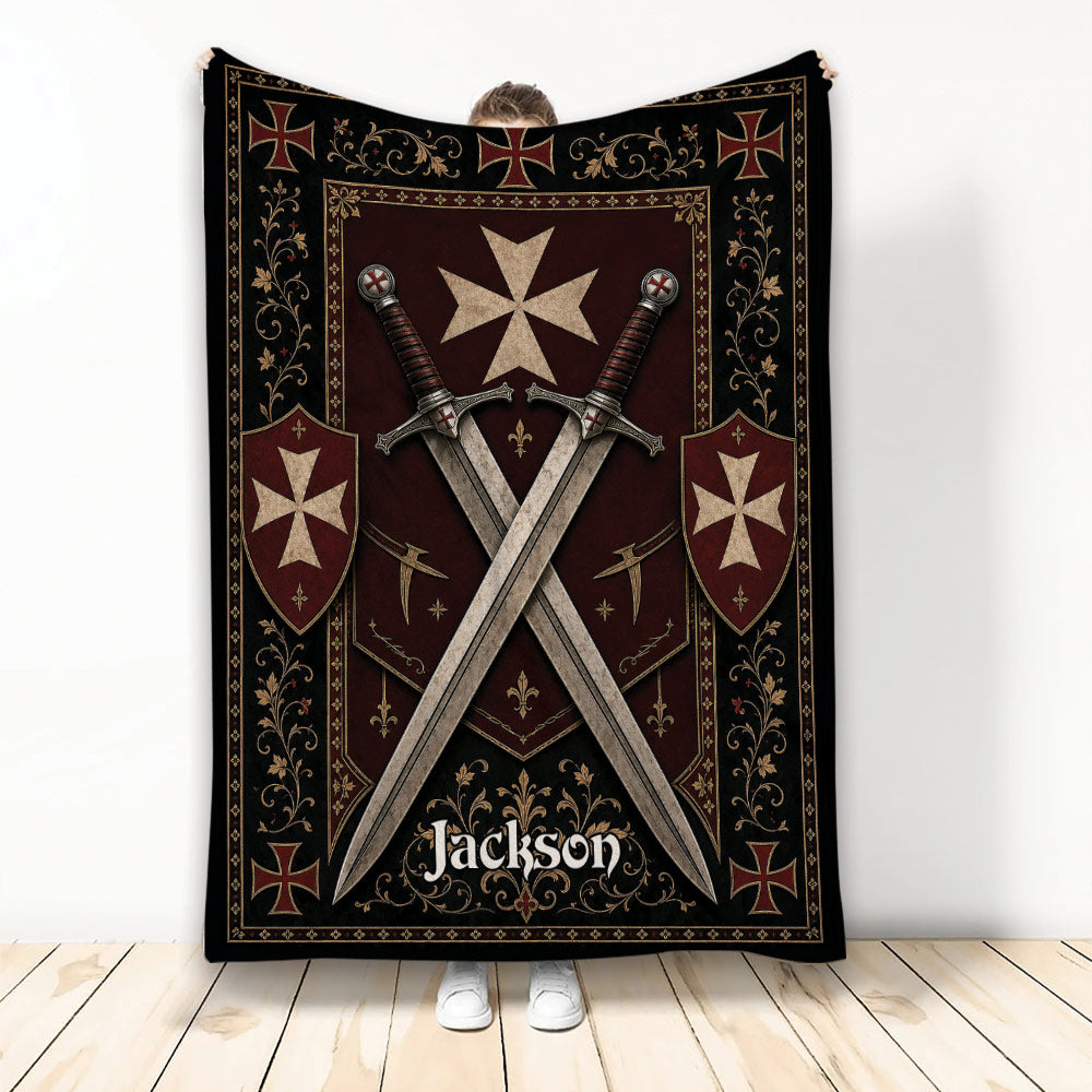 Knights Templar blanket with crossed swords, heraldic shields, red crosses, and ornate medieval artwork