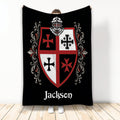 Knights Templar blanket with armored knight helmet, heraldic shield, red crosses, and black artwork