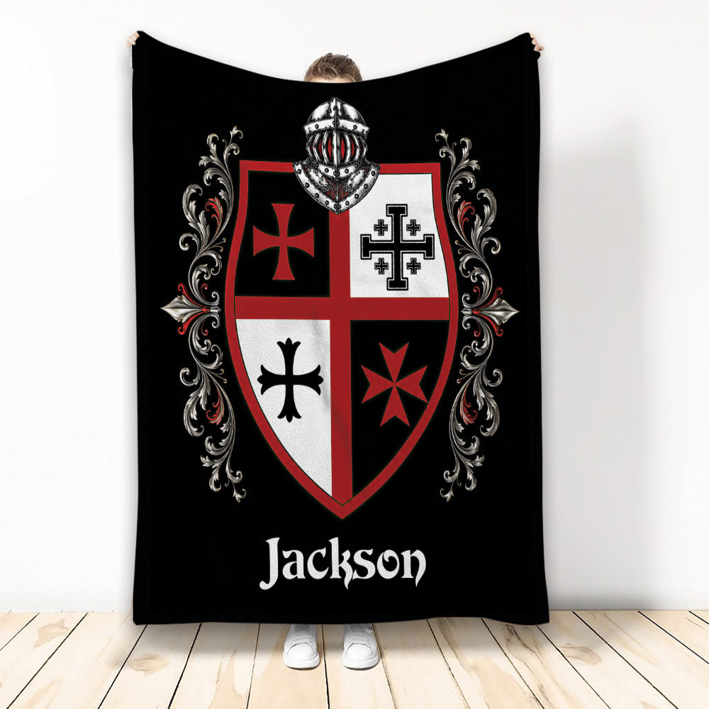 Knights Templar blanket with armored knight helmet, heraldic shield, red crosses, and black artwork