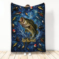 Fishing blanket featuring a large game fish, colorful lures, reels, hooks, and deep blue water artwork