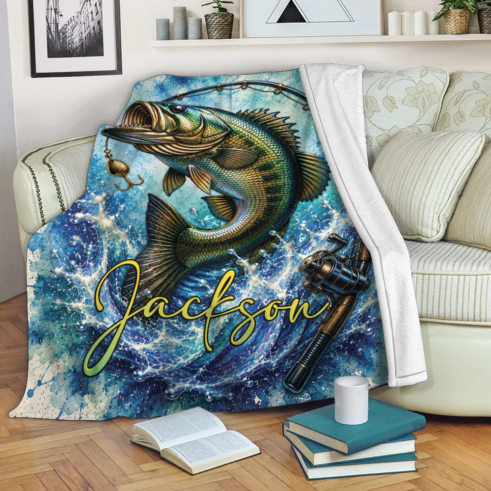 Fishing blanket draped over a sofa with colorful fish, lure, rod and splashing water design