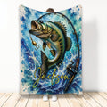 Fishing throw blanket featuring a large detailed fish, fishing rod, reel and blue water artwork