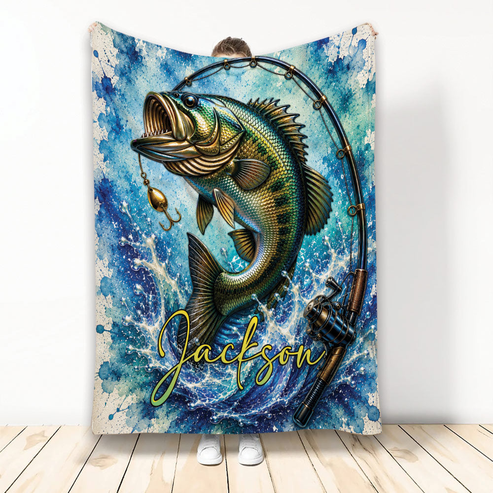 Fishing throw blanket featuring a large detailed fish, fishing rod, reel and blue water artwork