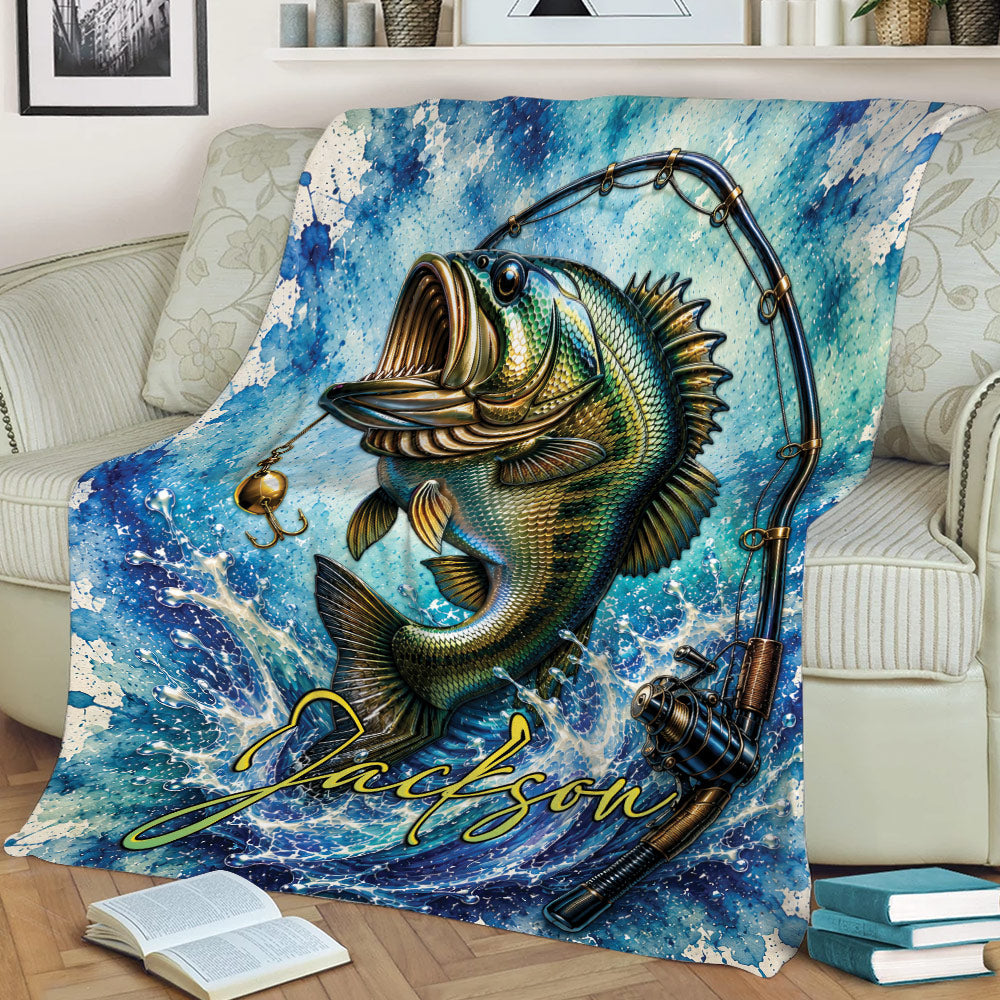 Close view of a fishing throw blanket with a detailed fish, fishing gear and blue water artwork