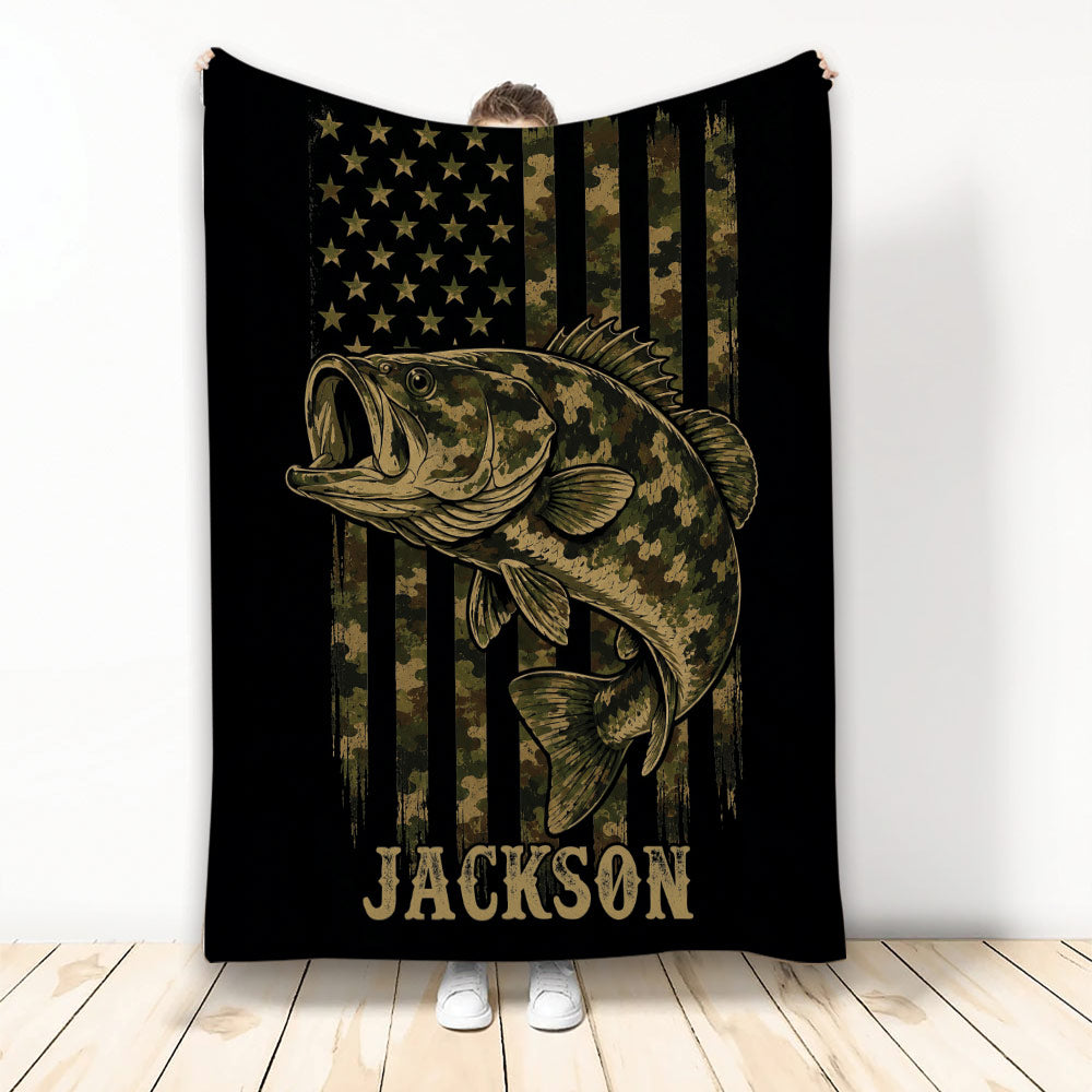Fishing throw blanket with a large camouflaged fish and rugged stars and stripes artwork