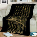 Fishing throw blanket displayed on a couch with a detailed fish, camouflage stripes and star pattern