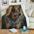 Australian Cattle Dog blanket styled on a sofa with blue heeler artwork for cozy living room decor