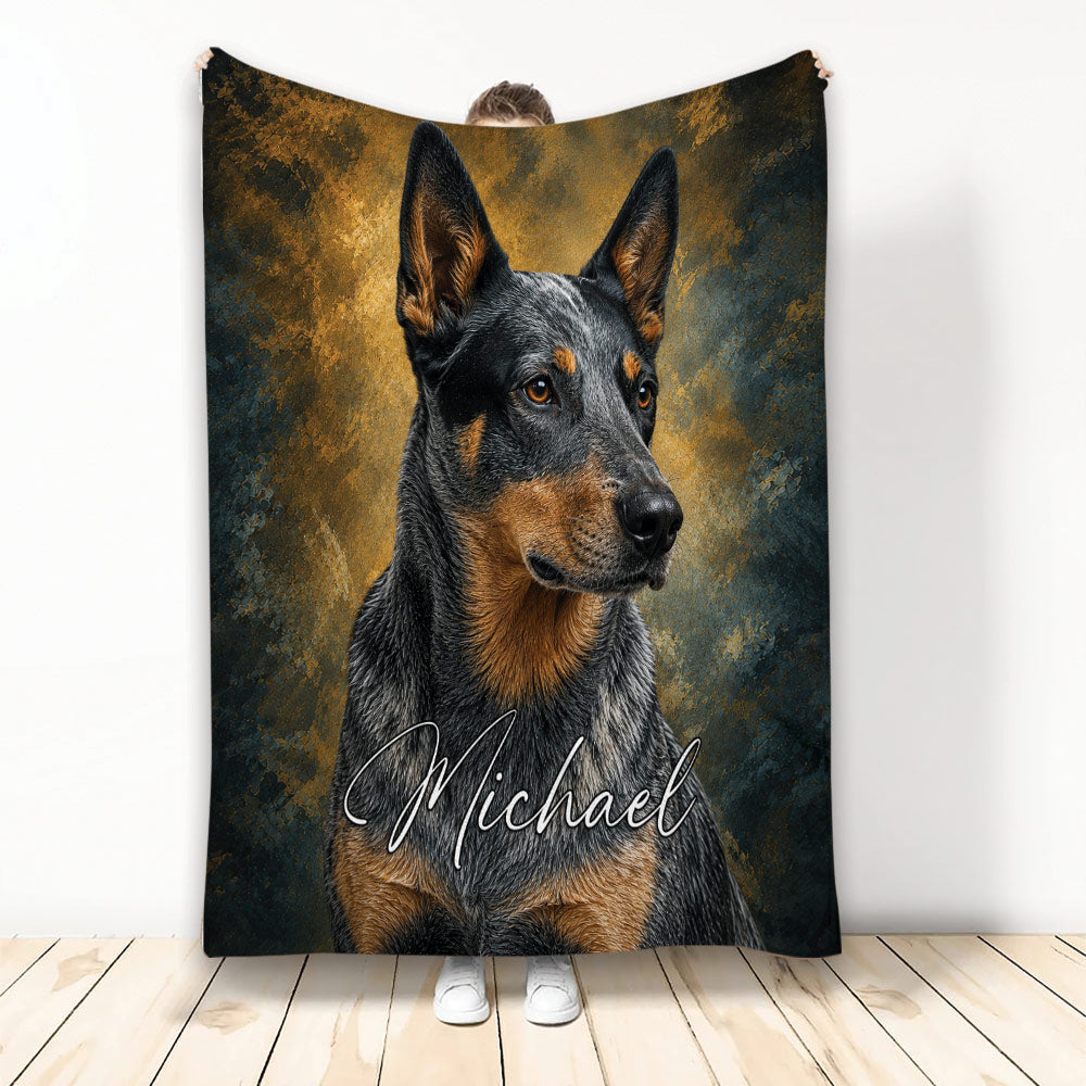 Australian Cattle Dog throw blanket with blue heeler portrait artwork and dramatic bronze textured background