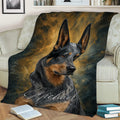 Blue heeler Australian Cattle Dog throw blanket displayed across a sofa with bold rustic artwork