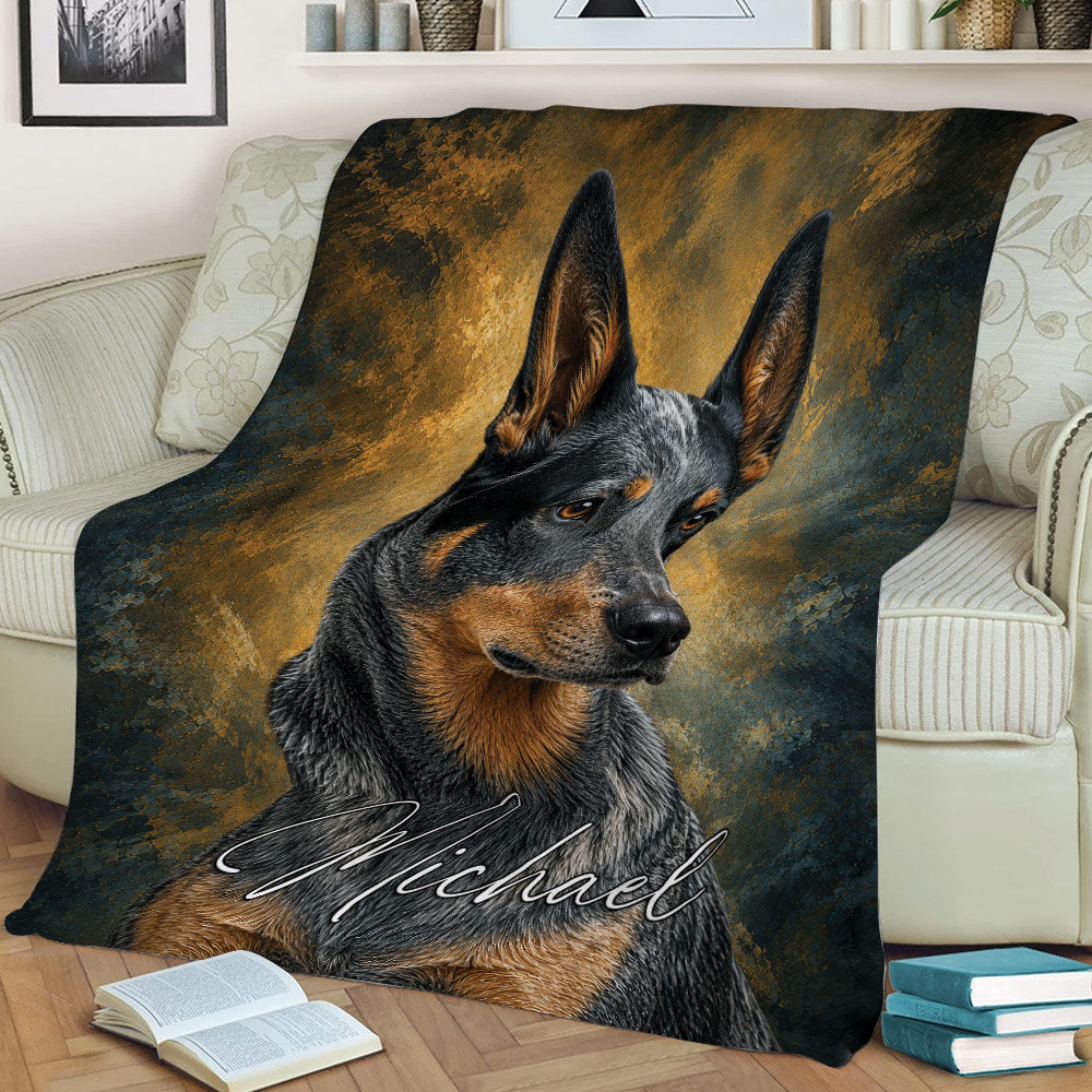 Blue heeler Australian Cattle Dog throw blanket displayed across a sofa with bold rustic artwork