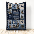 Australian Cattle Dog throw blanket with Heeler portraits, paw prints, bones, hearts, and blue artwork