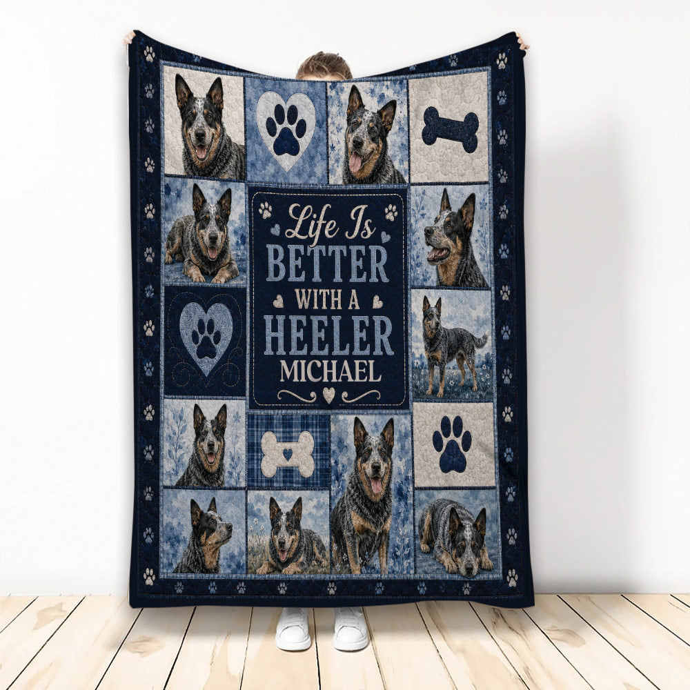 Australian Cattle Dog throw blanket with Heeler portraits, paw prints, bones, hearts, and blue artwork