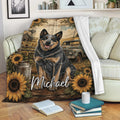Australian Cattle Dog throw blanket displayed on a sofa with sunflowers, farmhouse scenery, and vintage truck