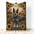 Australian Cattle Dog blanket with sunflower border, rustic farm scene, vintage truck, and countryside artwork