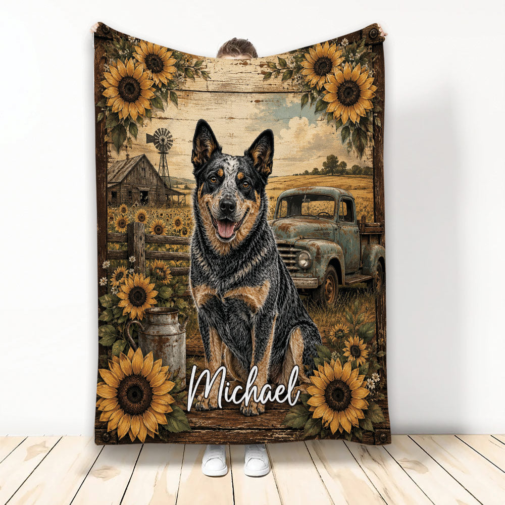 Australian Cattle Dog blanket with sunflower border, rustic farm scene, vintage truck, and countryside artwork