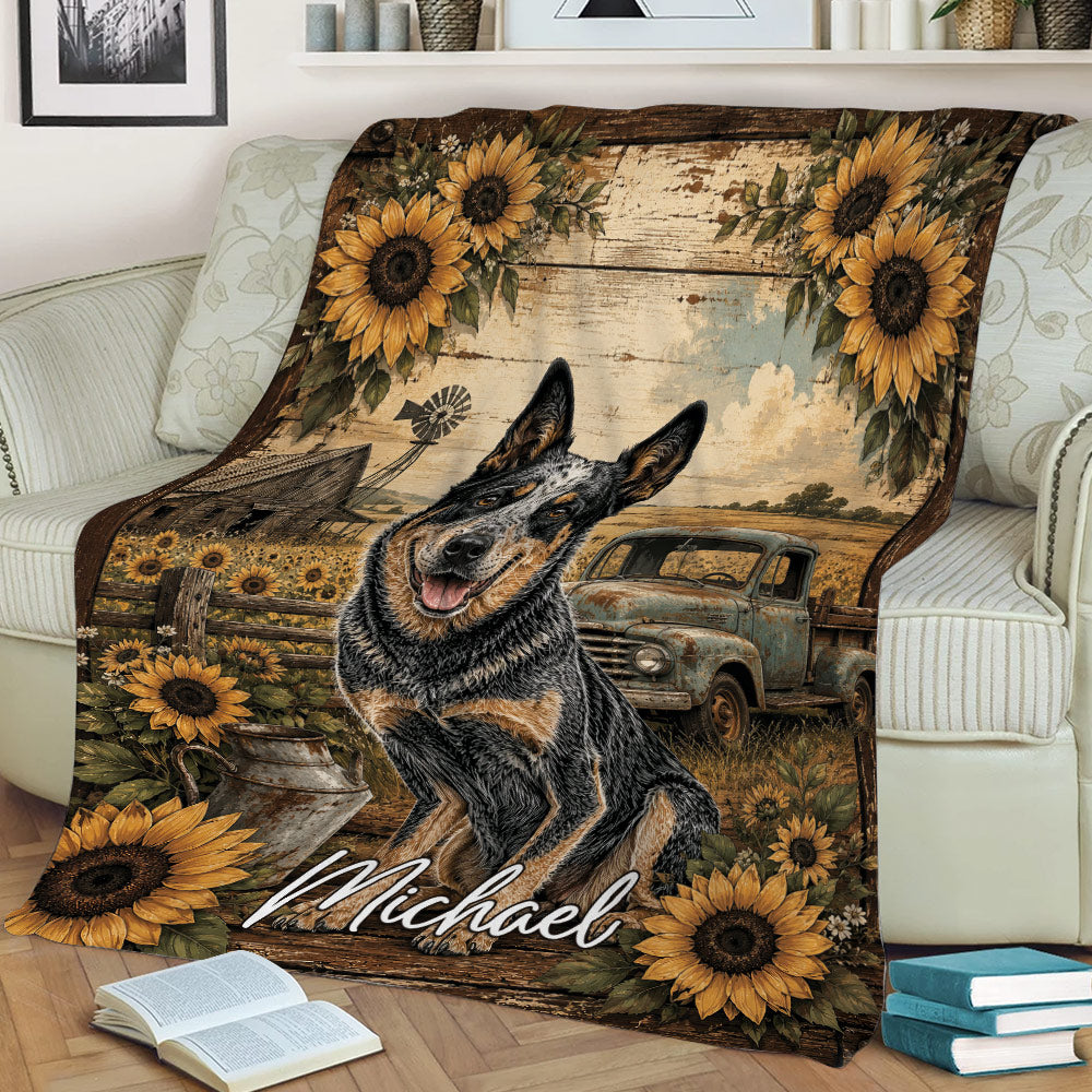 Rustic Australian Cattle Dog blanket draped over a chair with sunflower, barn, windmill, and countryside design