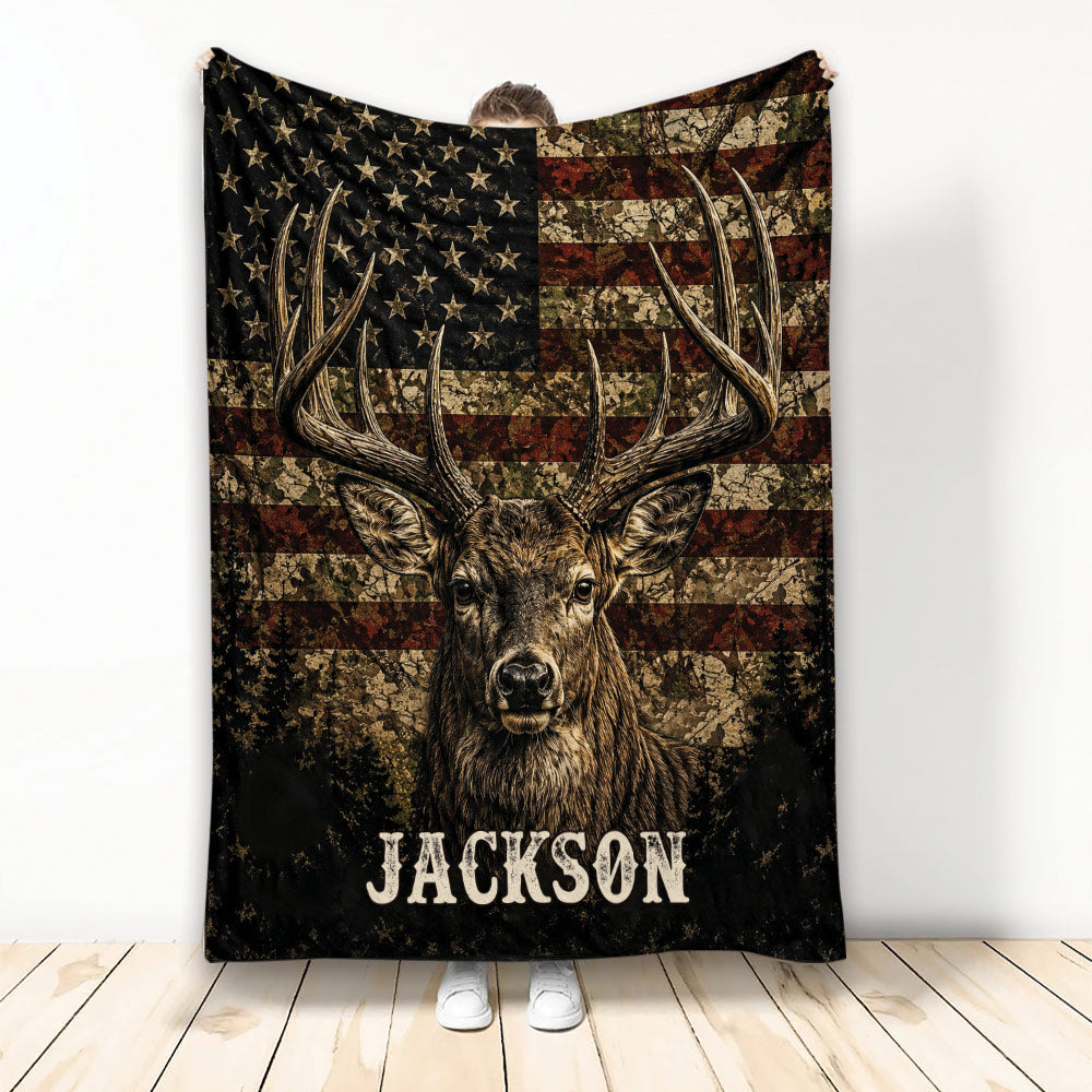 Rustic deer blanket featuring an antlered buck and distressed American flag artwork