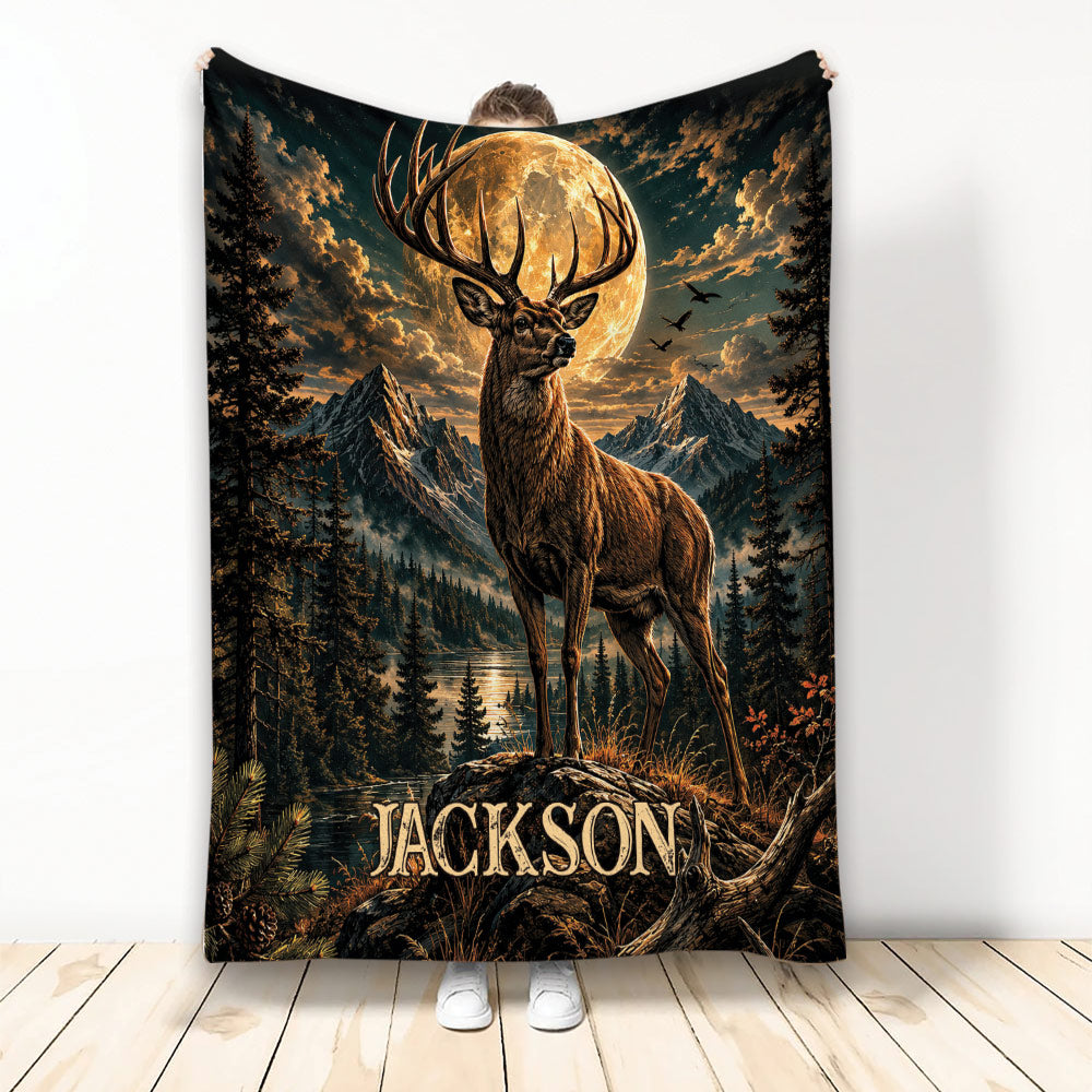 Deer throw blanket featuring a majestic stag beneath a full moon in a mountain forest landscape
