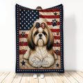 Shih Tzu throw blanket with patriotic stars and stripes artwork, paw prints, and a bow