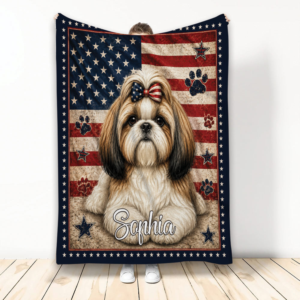 Shih Tzu throw blanket with patriotic stars and stripes artwork, paw prints, and a bow