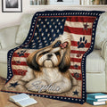 Shih Tzu couch blanket featuring American flag artwork, stars, paw prints, and cozy living room styling