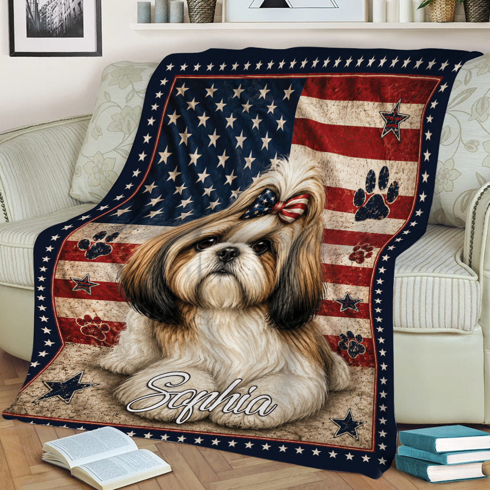 Shih Tzu couch blanket featuring American flag artwork, stars, paw prints, and cozy living room styling