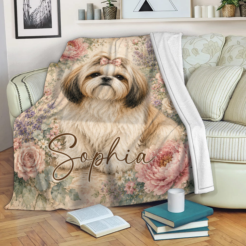 Shih Tzu throw blanket draped over a sofa in a cozy living room with floral dog artwork