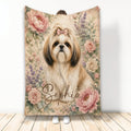 Floral Shih Tzu blanket featuring a long-haired dog surrounded by pink roses and purple flowers