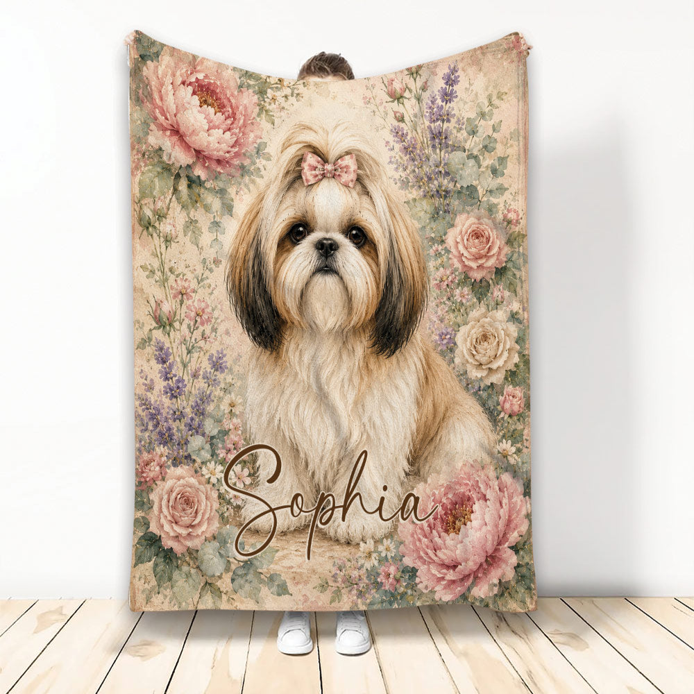 Floral Shih Tzu blanket featuring a long-haired dog surrounded by pink roses and purple flowers