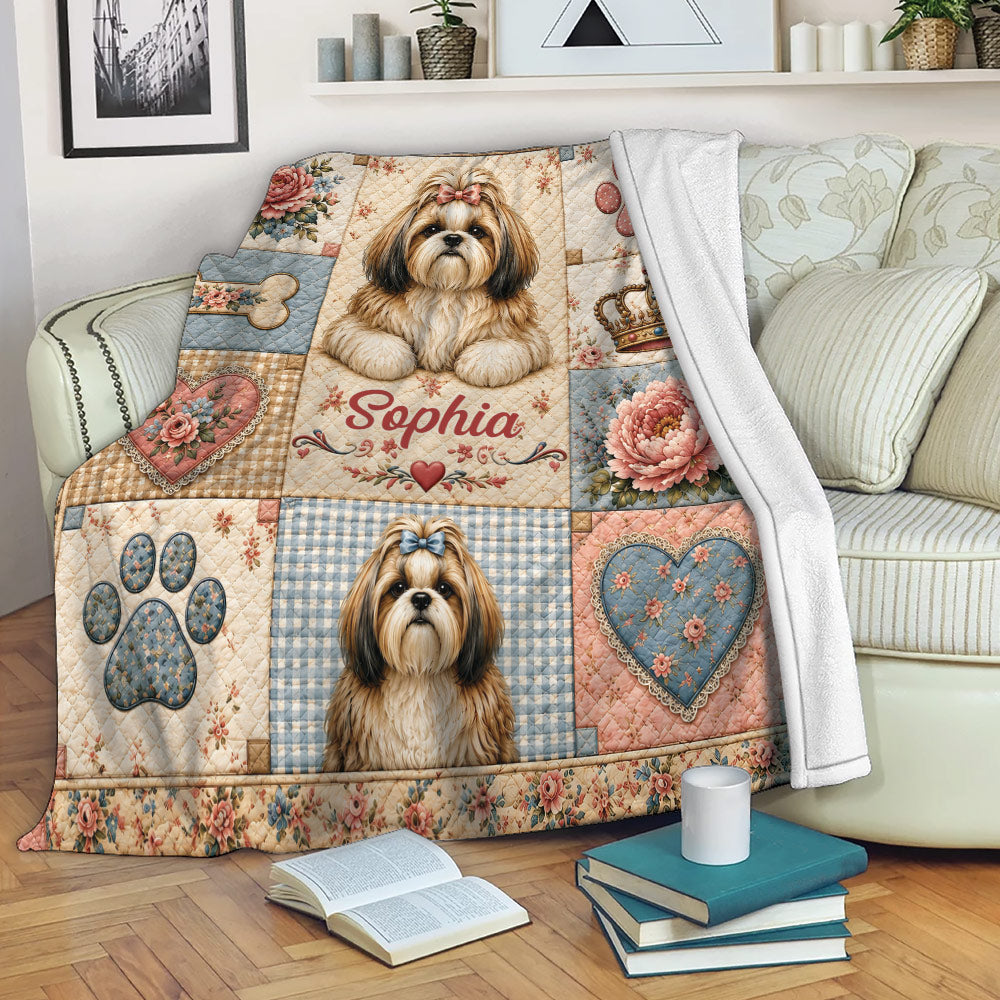 Shih Tzu blanket draped over a sofa with floral dog artwork and cozy living room styling
