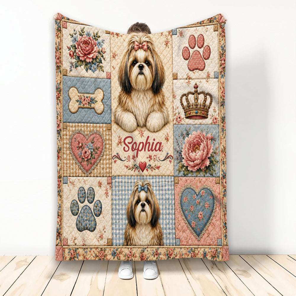 Shih Tzu throw blanket displayed vertically with floral panels, paw prints, hearts, bones, and crown artwork