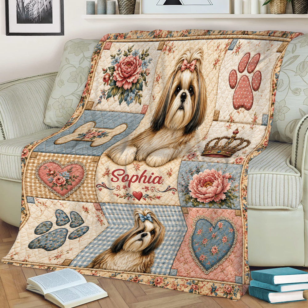 Shih Tzu throw blanket styled on a sofa with floral panels, paw prints, hearts, and dog artwork