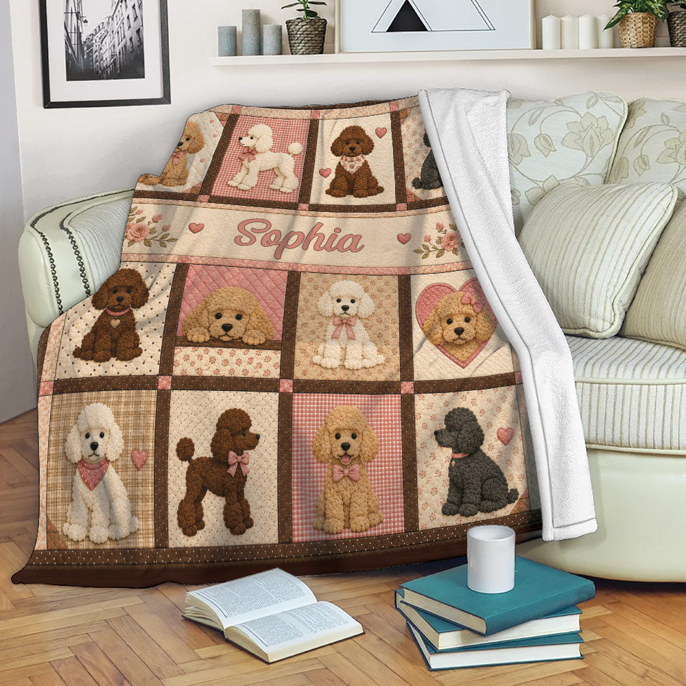 Poodle blanket draped over a sofa, showing colorful dog artwork, floral details, and cozy living room styling