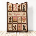 Poodle throw blanket featuring multiple illustrated dogs, floral accents, hearts, and patchwork panels